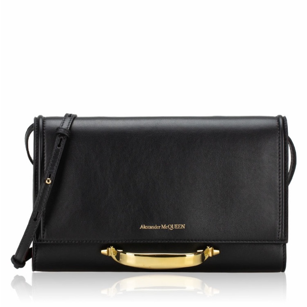 Alexander McQUEEN Black Leather Clutch with Gold-Tone Handle & Chain